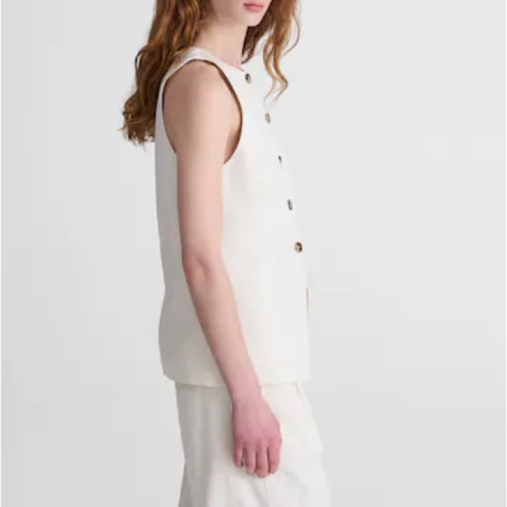 Madewell Crewneck Cutaway Vest in Drapey Twill Cream Linen Blend‎ Size 00 - Picture 4 of 14